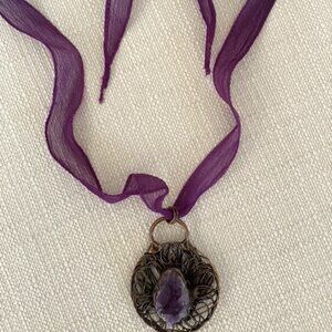 Purple Ribbon Necklace with Wired Amethyst Gemstone Pendant, Adjustable (14")